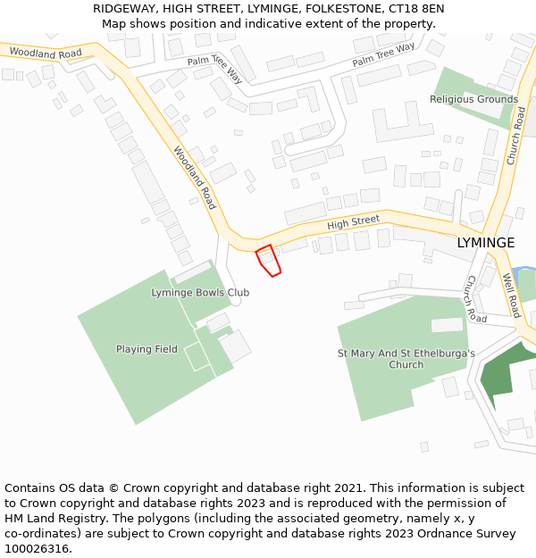 RIDGEWAY, HIGH STREET, LYMINGE, FOLKESTONE, CT18 8EN: Location map and indicative extent of plot