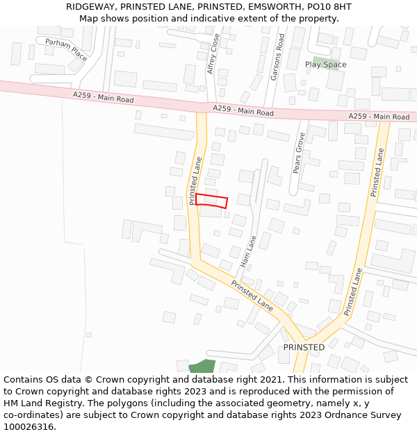 RIDGEWAY, PRINSTED LANE, PRINSTED, EMSWORTH, PO10 8HT: Location map and indicative extent of plot