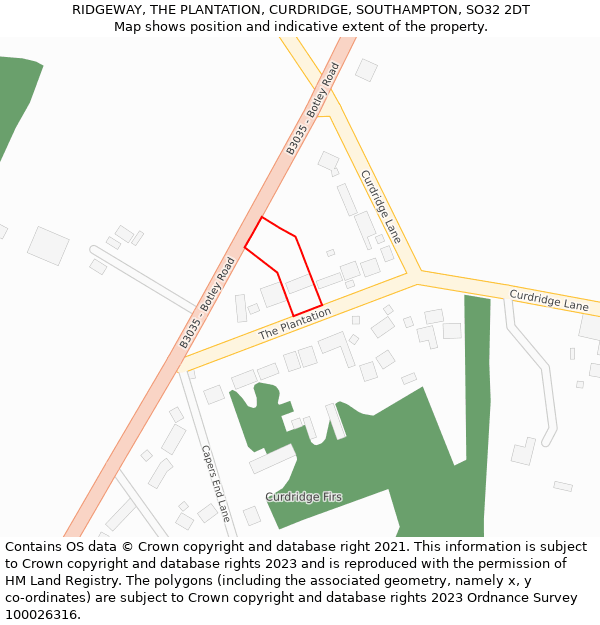RIDGEWAY, THE PLANTATION, CURDRIDGE, SOUTHAMPTON, SO32 2DT: Location map and indicative extent of plot