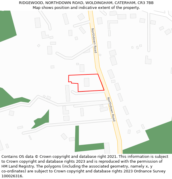 RIDGEWOOD, NORTHDOWN ROAD, WOLDINGHAM, CATERHAM, CR3 7BB: Location map and indicative extent of plot