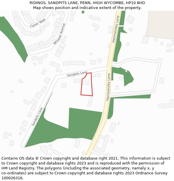 RIDINGS, SANDPITS LANE, PENN, HIGH WYCOMBE, HP10 8HD: Location map and indicative extent of plot