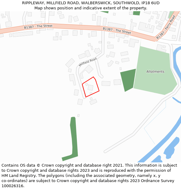 RIPPLEWAY, MILLFIELD ROAD, WALBERSWICK, SOUTHWOLD, IP18 6UD: Location map and indicative extent of plot