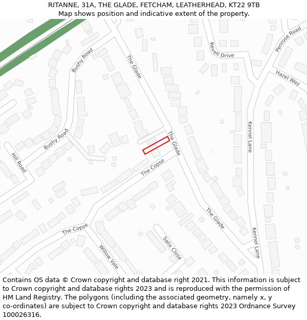 RITANNE, 31A, THE GLADE, FETCHAM, LEATHERHEAD, KT22 9TB: Location map and indicative extent of plot