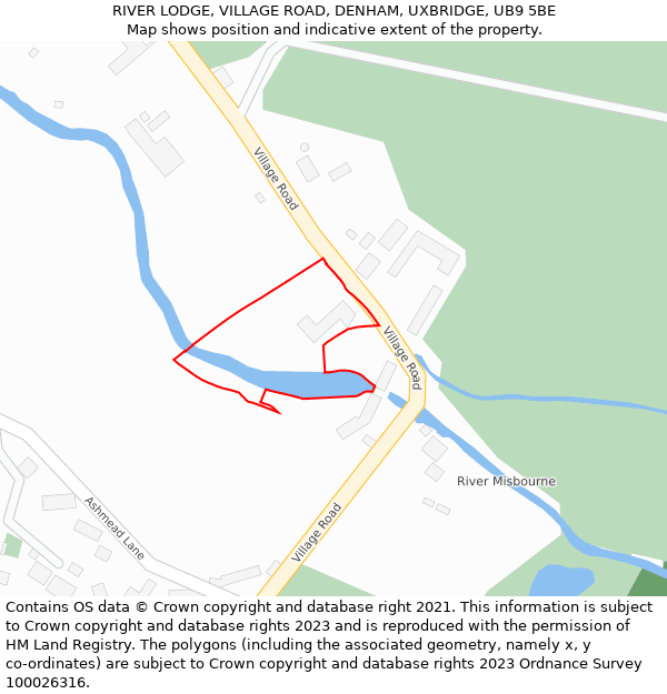 RIVER LODGE, VILLAGE ROAD, DENHAM, UXBRIDGE, UB9 5BE: Location map and indicative extent of plot