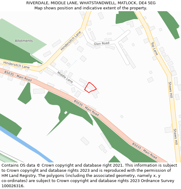 RIVERDALE, MIDDLE LANE, WHATSTANDWELL, MATLOCK, DE4 5EG: Location map and indicative extent of plot