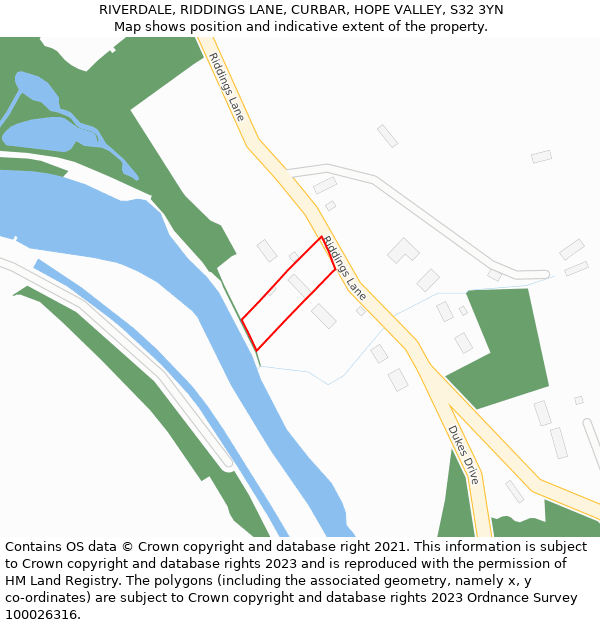 RIVERDALE, RIDDINGS LANE, CURBAR, HOPE VALLEY, S32 3YN: Location map and indicative extent of plot