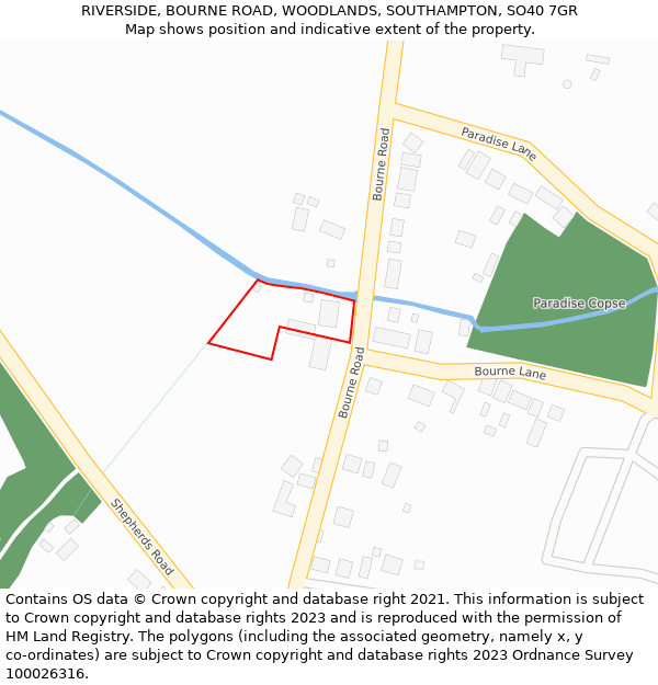 RIVERSIDE, BOURNE ROAD, WOODLANDS, SOUTHAMPTON, SO40 7GR: Location map and indicative extent of plot
