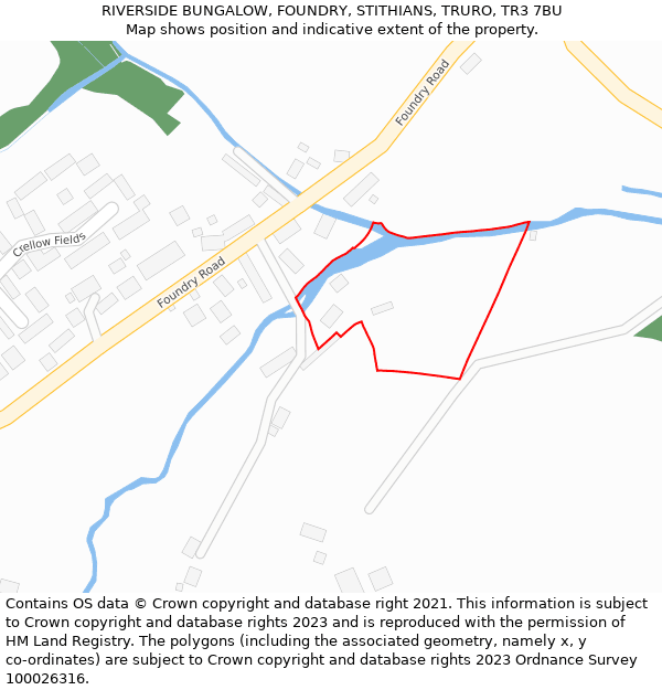 RIVERSIDE BUNGALOW, FOUNDRY, STITHIANS, TRURO, TR3 7BU: Location map and indicative extent of plot