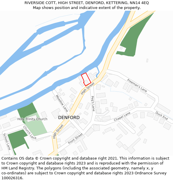 RIVERSIDE COTT, HIGH STREET, DENFORD, KETTERING, NN14 4EQ: Location map and indicative extent of plot