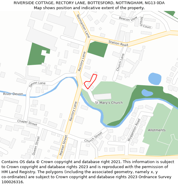 RIVERSIDE COTTAGE, RECTORY LANE, BOTTESFORD, NOTTINGHAM, NG13 0DA: Location map and indicative extent of plot