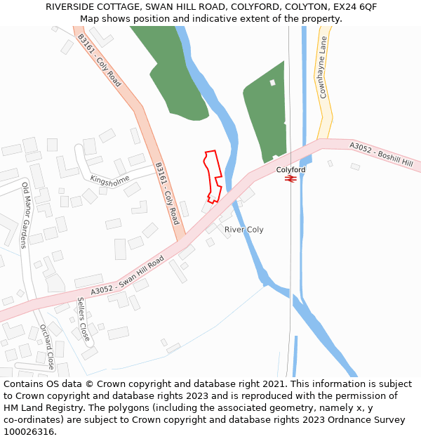 RIVERSIDE COTTAGE, SWAN HILL ROAD, COLYFORD, COLYTON, EX24 6QF: Location map and indicative extent of plot