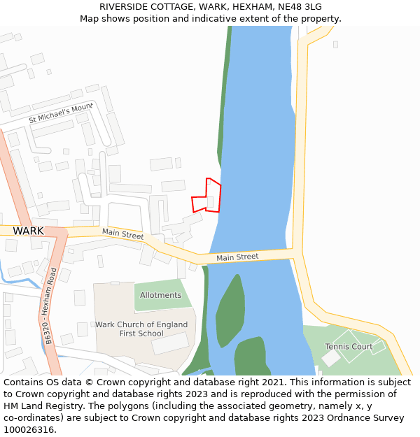 RIVERSIDE COTTAGE, WARK, HEXHAM, NE48 3LG: Location map and indicative extent of plot