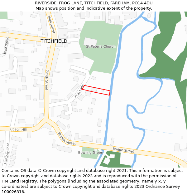 RIVERSIDE, FROG LANE, TITCHFIELD, FAREHAM, PO14 4DU: Location map and indicative extent of plot