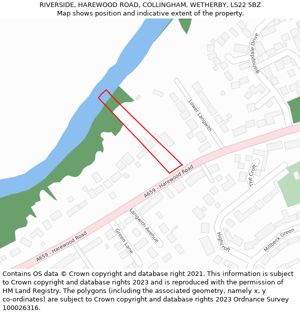 RIVERSIDE, HAREWOOD ROAD, COLLINGHAM, WETHERBY, LS22 5BZ: Location map and indicative extent of plot