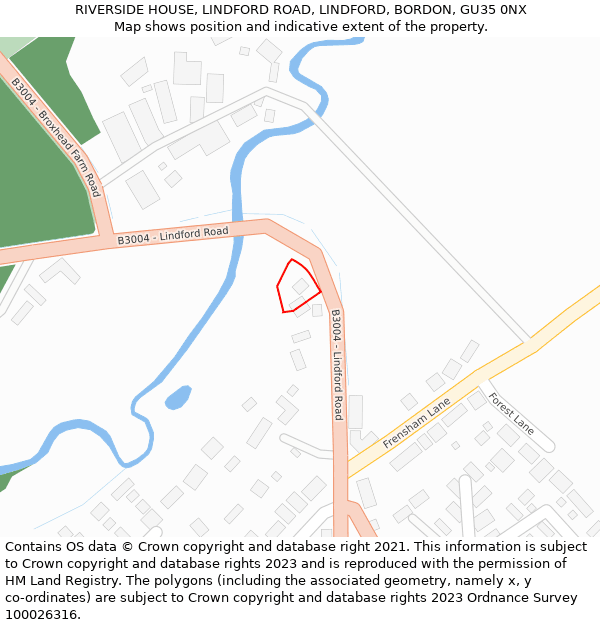 RIVERSIDE HOUSE, LINDFORD ROAD, LINDFORD, BORDON, GU35 0NX: Location map and indicative extent of plot