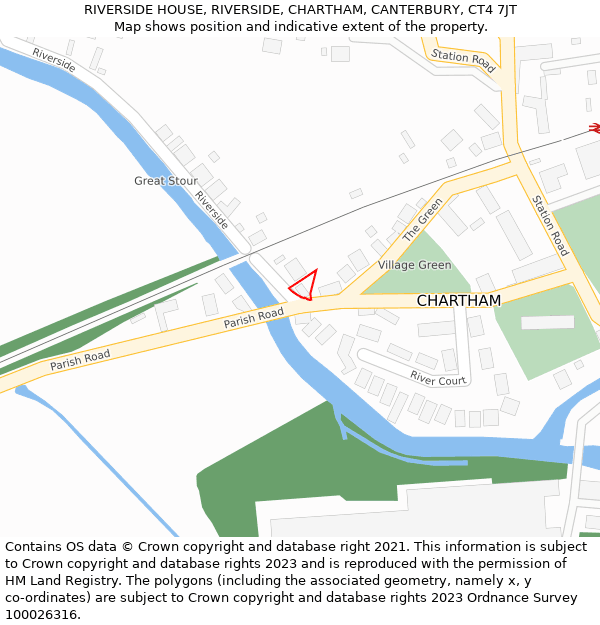 RIVERSIDE HOUSE, RIVERSIDE, CHARTHAM, CANTERBURY, CT4 7JT: Location map and indicative extent of plot