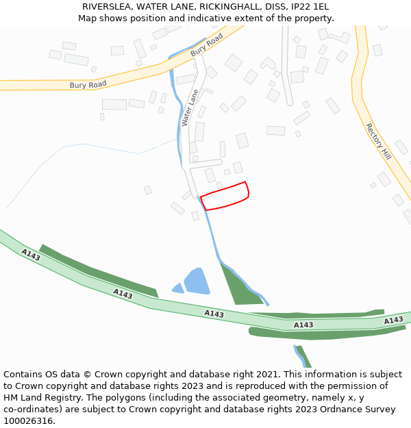 RIVERSLEA, WATER LANE, RICKINGHALL, DISS, IP22 1EL: Location map and indicative extent of plot