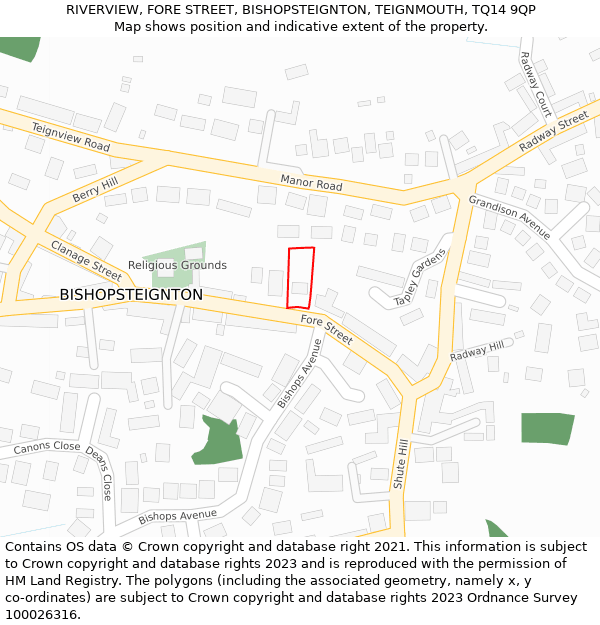 RIVERVIEW, FORE STREET, BISHOPSTEIGNTON, TEIGNMOUTH, TQ14 9QP: Location map and indicative extent of plot