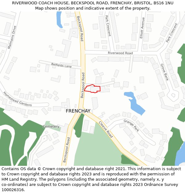 RIVERWOOD COACH HOUSE, BECKSPOOL ROAD, FRENCHAY, BRISTOL, BS16 1NU: Location map and indicative extent of plot