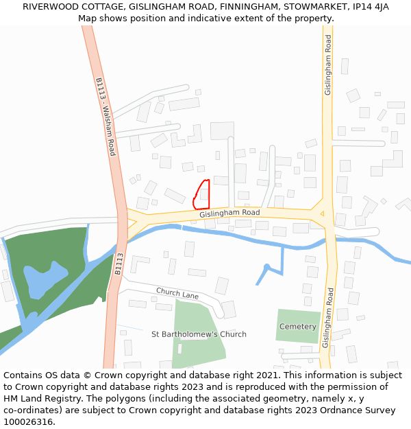 RIVERWOOD COTTAGE, GISLINGHAM ROAD, FINNINGHAM, STOWMARKET, IP14 4JA: Location map and indicative extent of plot