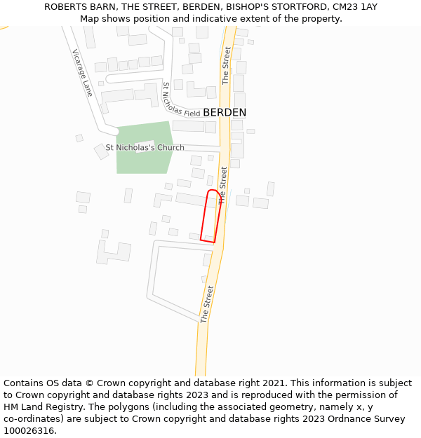 ROBERTS BARN, THE STREET, BERDEN, BISHOP'S STORTFORD, CM23 1AY: Location map and indicative extent of plot