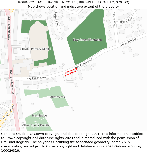 ROBIN COTTAGE, HAY GREEN COURT, BIRDWELL, BARNSLEY, S70 5XQ: Location map and indicative extent of plot