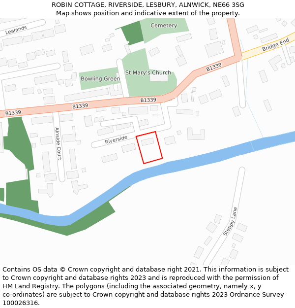 ROBIN COTTAGE, RIVERSIDE, LESBURY, ALNWICK, NE66 3SG: Location map and indicative extent of plot