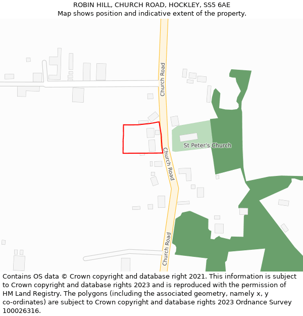 ROBIN HILL, CHURCH ROAD, HOCKLEY, SS5 6AE: Location map and indicative extent of plot