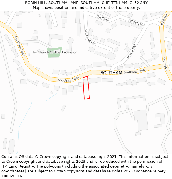 ROBIN HILL, SOUTHAM LANE, SOUTHAM, CHELTENHAM, GL52 3NY: Location map and indicative extent of plot