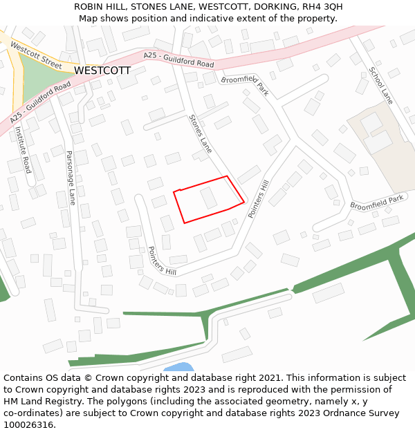 ROBIN HILL, STONES LANE, WESTCOTT, DORKING, RH4 3QH: Location map and indicative extent of plot