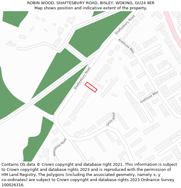 ROBIN WOOD, SHAFTESBURY ROAD, BISLEY, WOKING, GU24 9ER: Location map and indicative extent of plot