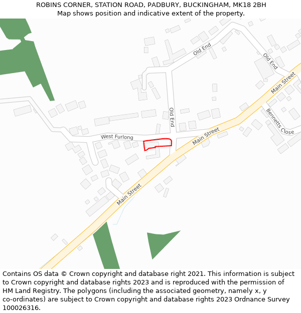 ROBINS CORNER, STATION ROAD, PADBURY, BUCKINGHAM, MK18 2BH: Location map and indicative extent of plot