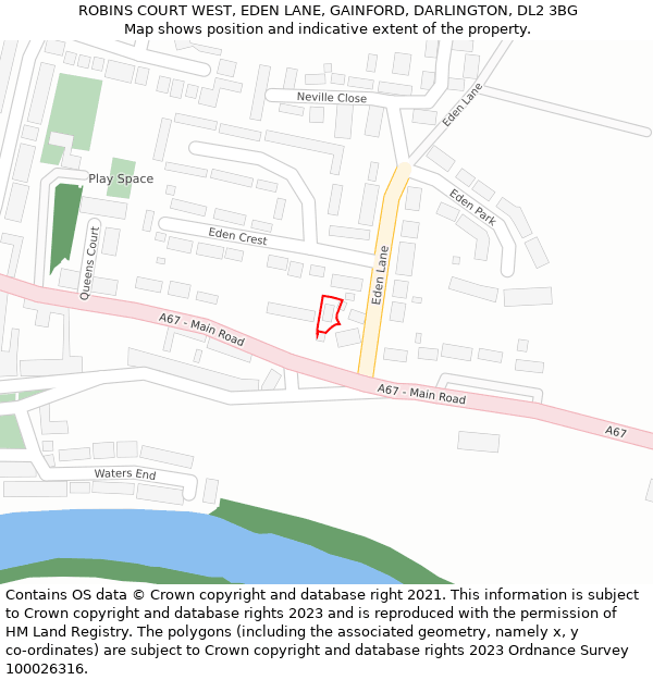 ROBINS COURT WEST, EDEN LANE, GAINFORD, DARLINGTON, DL2 3BG: Location map and indicative extent of plot