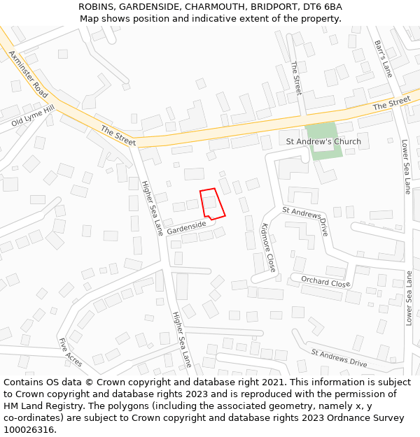 ROBINS, GARDENSIDE, CHARMOUTH, BRIDPORT, DT6 6BA: Location map and indicative extent of plot