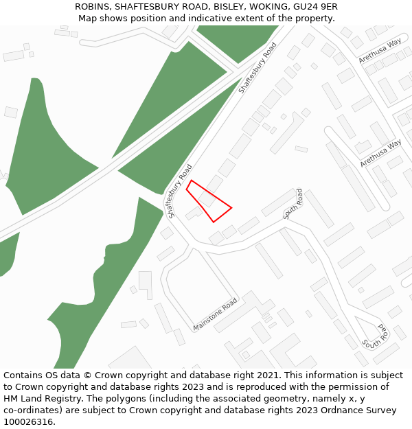 ROBINS, SHAFTESBURY ROAD, BISLEY, WOKING, GU24 9ER: Location map and indicative extent of plot