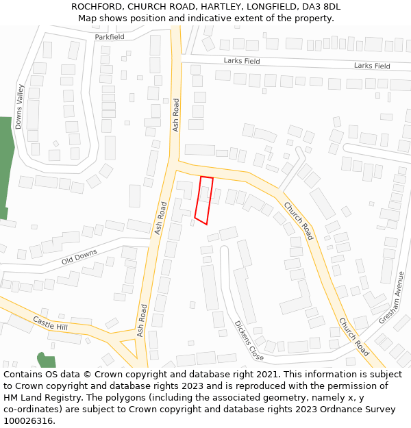 ROCHFORD, CHURCH ROAD, HARTLEY, LONGFIELD, DA3 8DL: Location map and indicative extent of plot