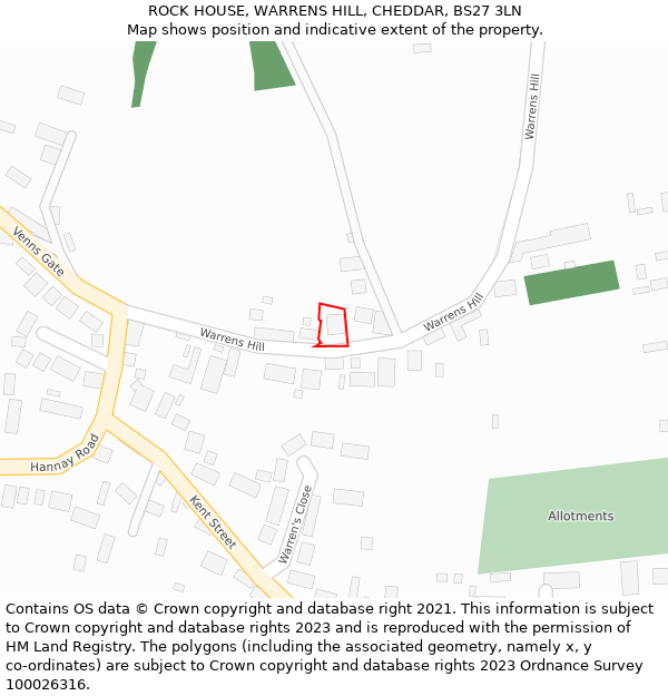 ROCK HOUSE, WARRENS HILL, CHEDDAR, BS27 3LN: Location map and indicative extent of plot