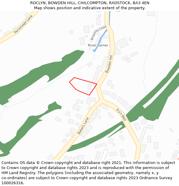 ROCLYN, BOWDEN HILL, CHILCOMPTON, RADSTOCK, BA3 4EN: Location map and indicative extent of plot