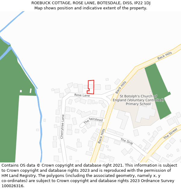 ROEBUCK COTTAGE, ROSE LANE, BOTESDALE, DISS, IP22 1DJ: Location map and indicative extent of plot