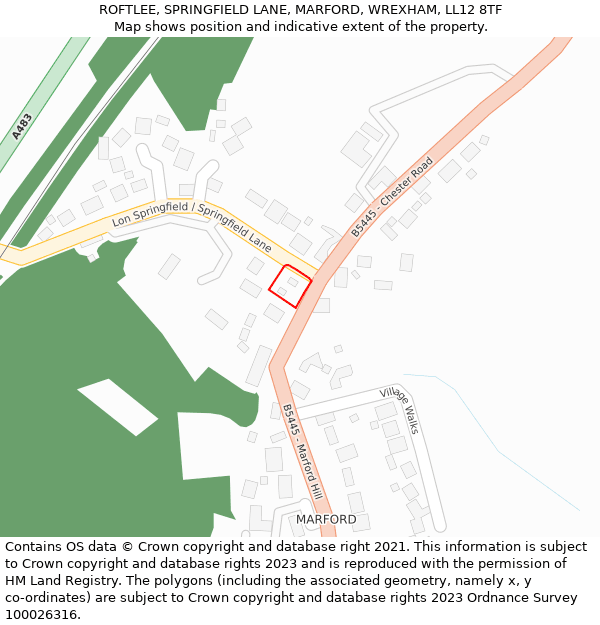 ROFTLEE, SPRINGFIELD LANE, MARFORD, WREXHAM, LL12 8TF: Location map and indicative extent of plot