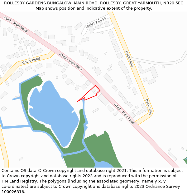 ROLLESBY GARDENS BUNGALOW, MAIN ROAD, ROLLESBY, GREAT YARMOUTH, NR29 5EG: Location map and indicative extent of plot