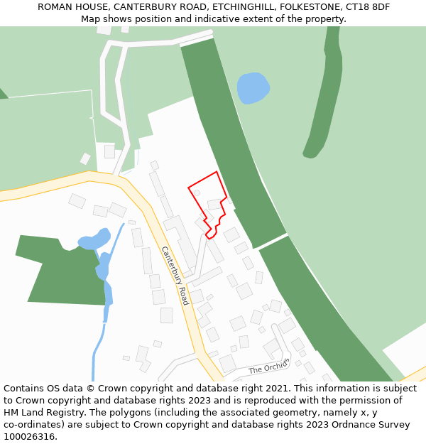 ROMAN HOUSE, CANTERBURY ROAD, ETCHINGHILL, FOLKESTONE, CT18 8DF: Location map and indicative extent of plot