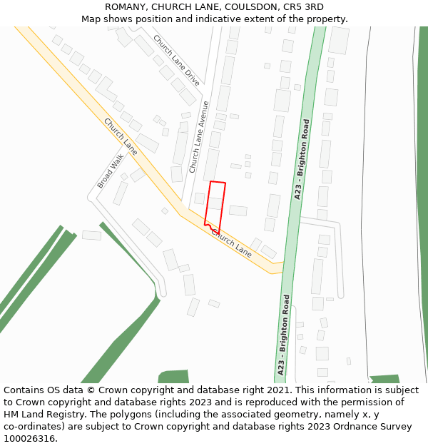 ROMANY, CHURCH LANE, COULSDON, CR5 3RD: Location map and indicative extent of plot