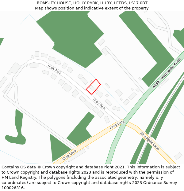 ROMSLEY HOUSE, HOLLY PARK, HUBY, LEEDS, LS17 0BT: Location map and indicative extent of plot