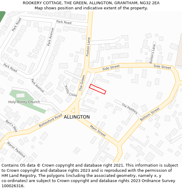 ROOKERY COTTAGE, THE GREEN, ALLINGTON, GRANTHAM, NG32 2EA: Location map and indicative extent of plot