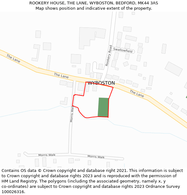 ROOKERY HOUSE, THE LANE, WYBOSTON, BEDFORD, MK44 3AS: Location map and indicative extent of plot