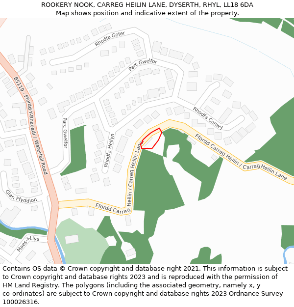 ROOKERY NOOK, CARREG HEILIN LANE, DYSERTH, RHYL, LL18 6DA: Location map and indicative extent of plot