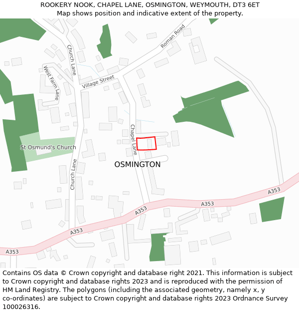 ROOKERY NOOK, CHAPEL LANE, OSMINGTON, WEYMOUTH, DT3 6ET: Location map and indicative extent of plot