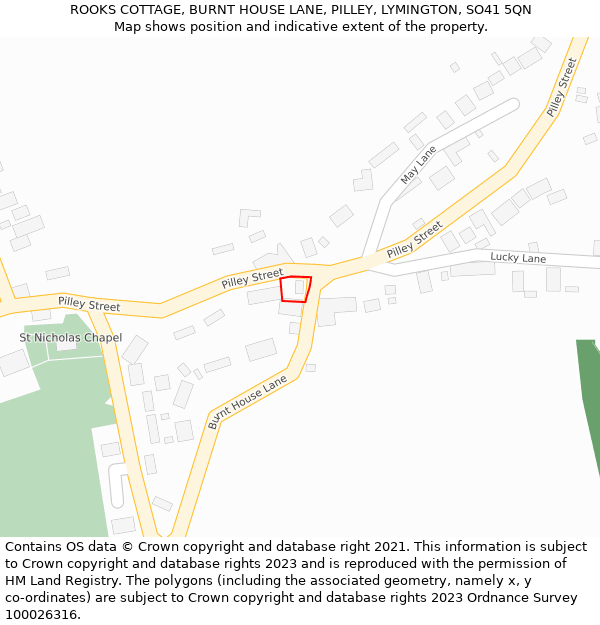 ROOKS COTTAGE, BURNT HOUSE LANE, PILLEY, LYMINGTON, SO41 5QN: Location map and indicative extent of plot