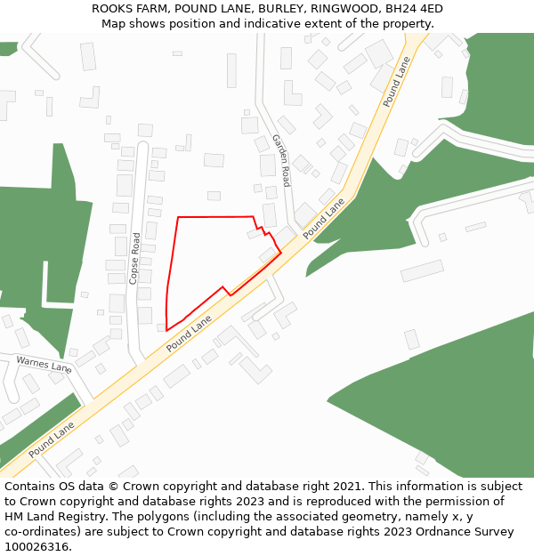 ROOKS FARM, POUND LANE, BURLEY, RINGWOOD, BH24 4ED: Location map and indicative extent of plot